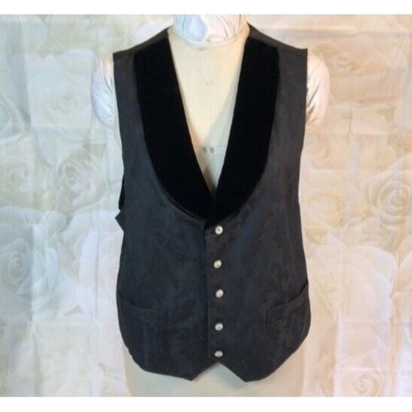 Wahmaker Arizona Outfitters Black Brocade Vest Button up Velvet Trim Large - Picture 1 of 8